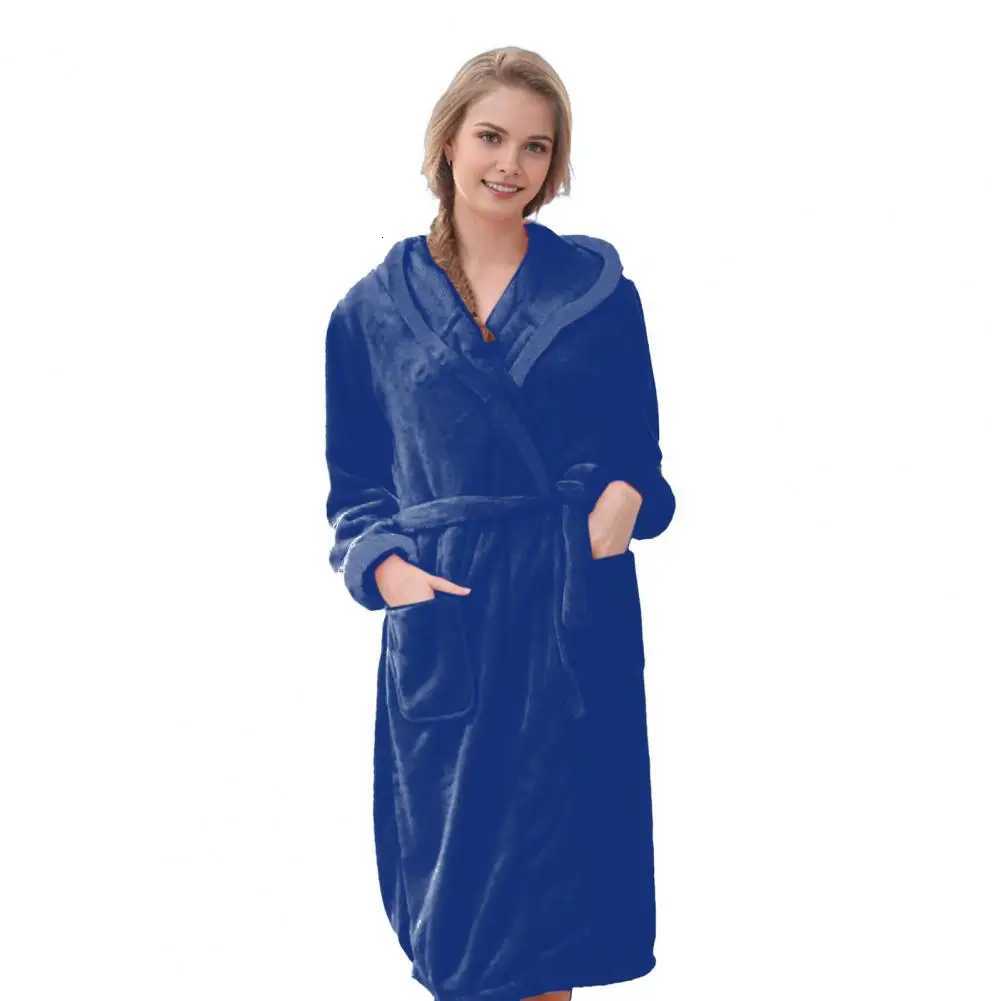 Lounge Couple Robe Winter Nightgown Thick Fleece Warm Lace Up Adjustable Waistband Hooded Homewear Bathrobe C251104