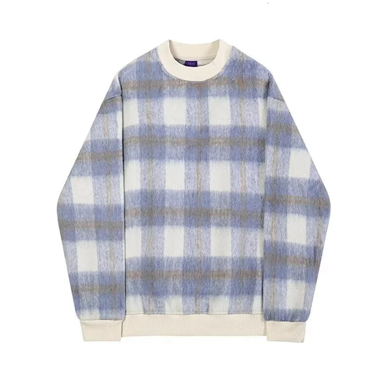 Autumn Plaid wool round neck sweatshirt for men Y2K retro gradient striped pullover hoodie High Street loose knit clothing 250321