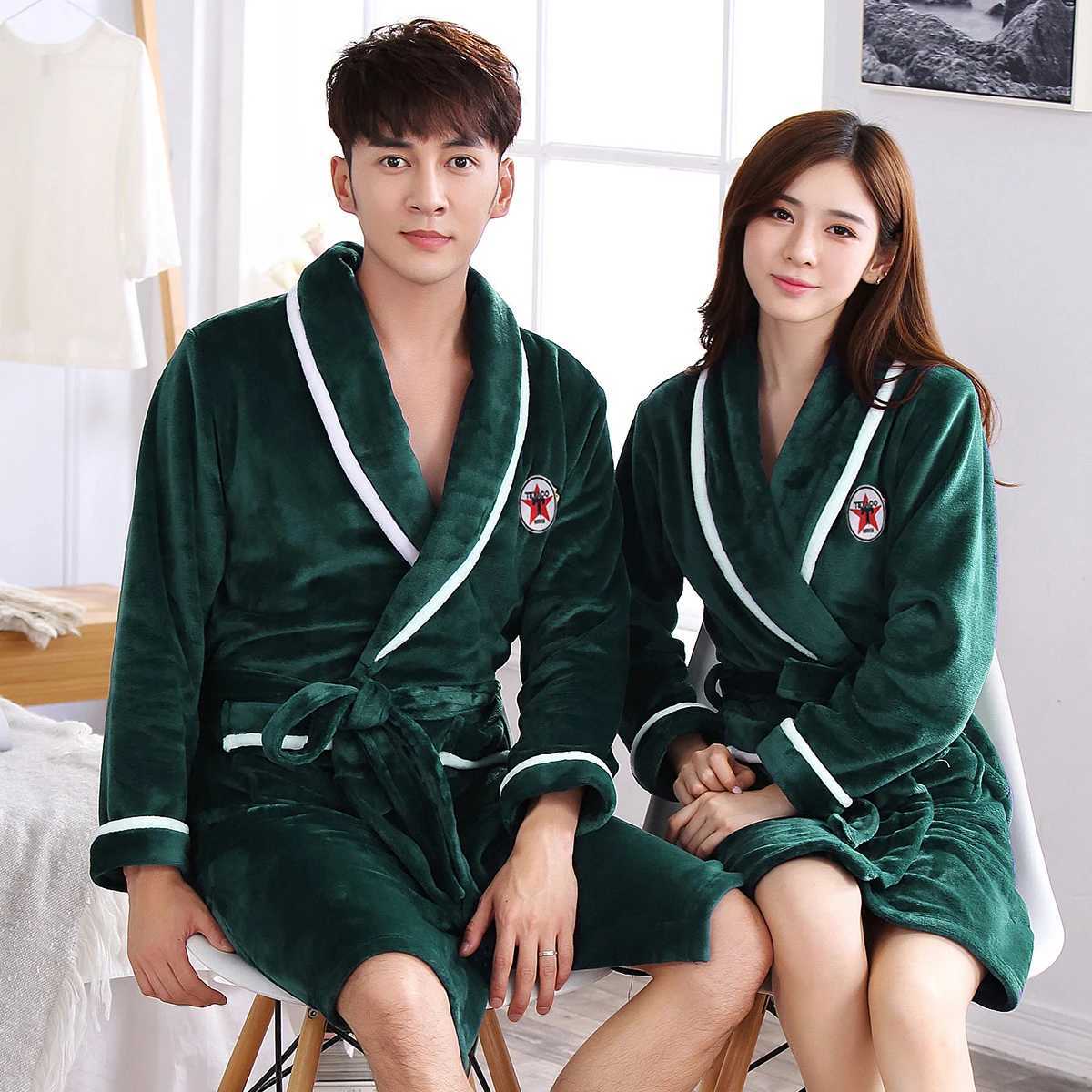Thickened Coral Fleece Couple Sleepwear Kimono Bathrobe Gown Winter Flannel Robe Nightwear Loose Warm Home Dress Loungewear 3XL C251104