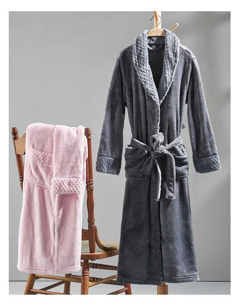 Women Men Flannel Bath Robe Sleepwear 2022 Autumn Winter Extra Long Home Dressing Gown Plush Couple Bathrobe Thick Warm Robes C251104