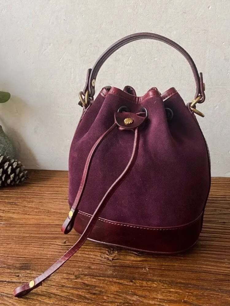 Vintage Handmade Women Cow Suede Leather Bucket Small String Shoulder Casual Totes Handbag Patchwork Strap Crossbody Bag