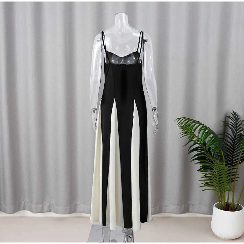 Elegant Black White Dress Color Clash Women Halter Backless Dresses Slveless High Waist Floor Length Dresses Party Gowns X250403