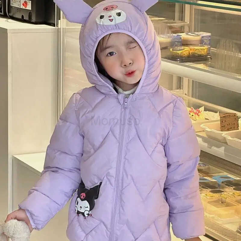 Sanrio Kuromi Kids Cartoon Cotton Padded Jacket Girl Kawaii Thick Hooded Jacket Leisure Keep Warm Coat Autumn/winter Clothes New H251104