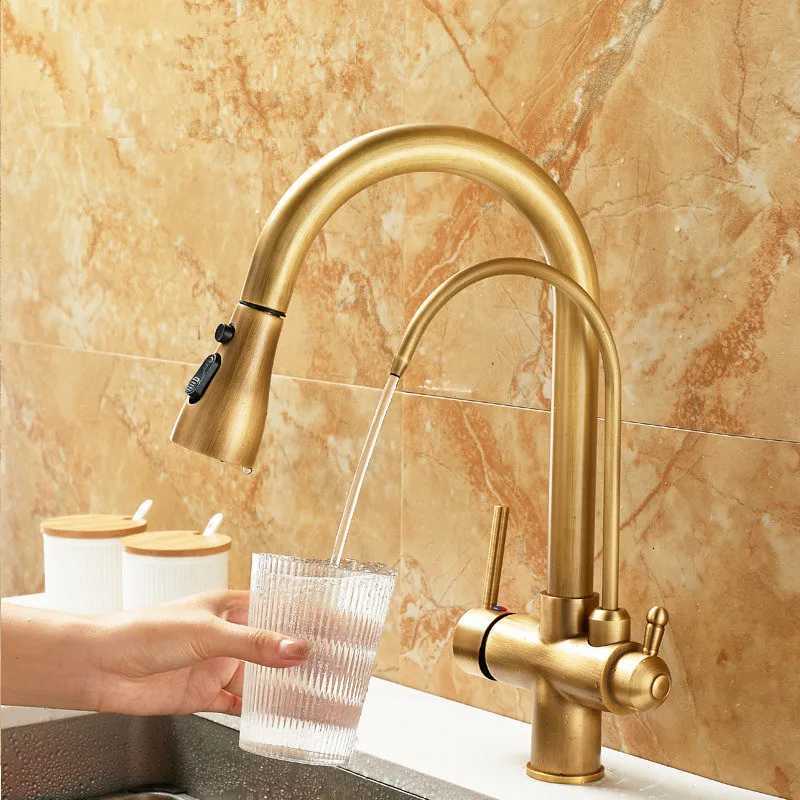 Antique Pl Out Kitchen Faucet Solid Brass Crane Kitchen Deck Mounted Water Filter Tap Sink Faucet Mixer 3 Way Kitchen Faucet Y251104