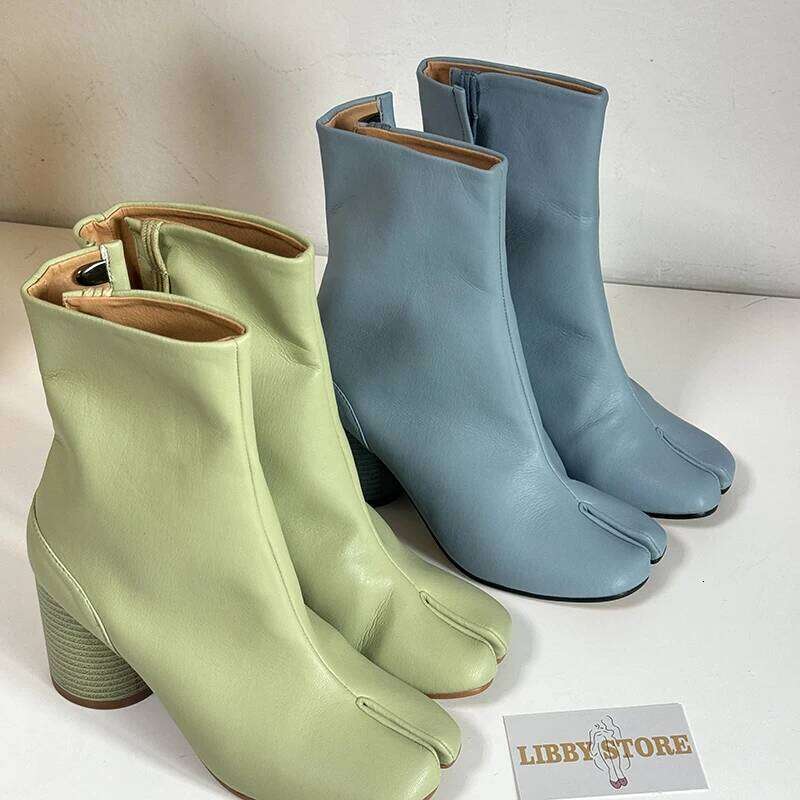 2025 Women Winter Ankle Blue Green Tabi Shoes Split-Toe Boots Genuine Leather