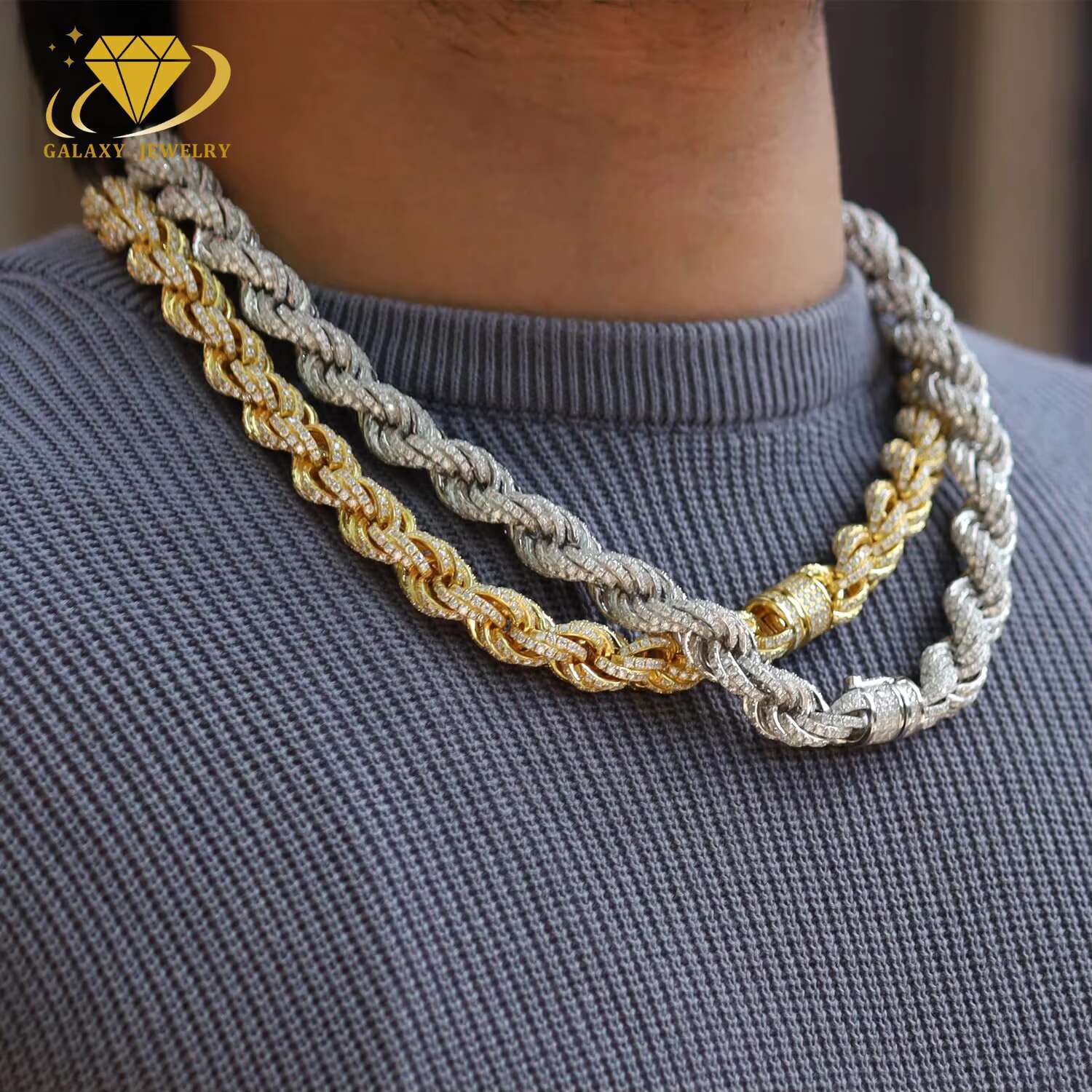 Full Iced Out Hip Hop Jewelry Moissanite Diamond Cut Rope Chain Necklace Sterling Silver 8/10/12mm Twisted Diamond Rope Chain
