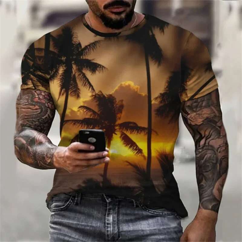 Fashionable and Lnteresting Beach Palm Pictures For Men's T-Shirts Trend Digital Printing Casual Round Neck Short Sleeved