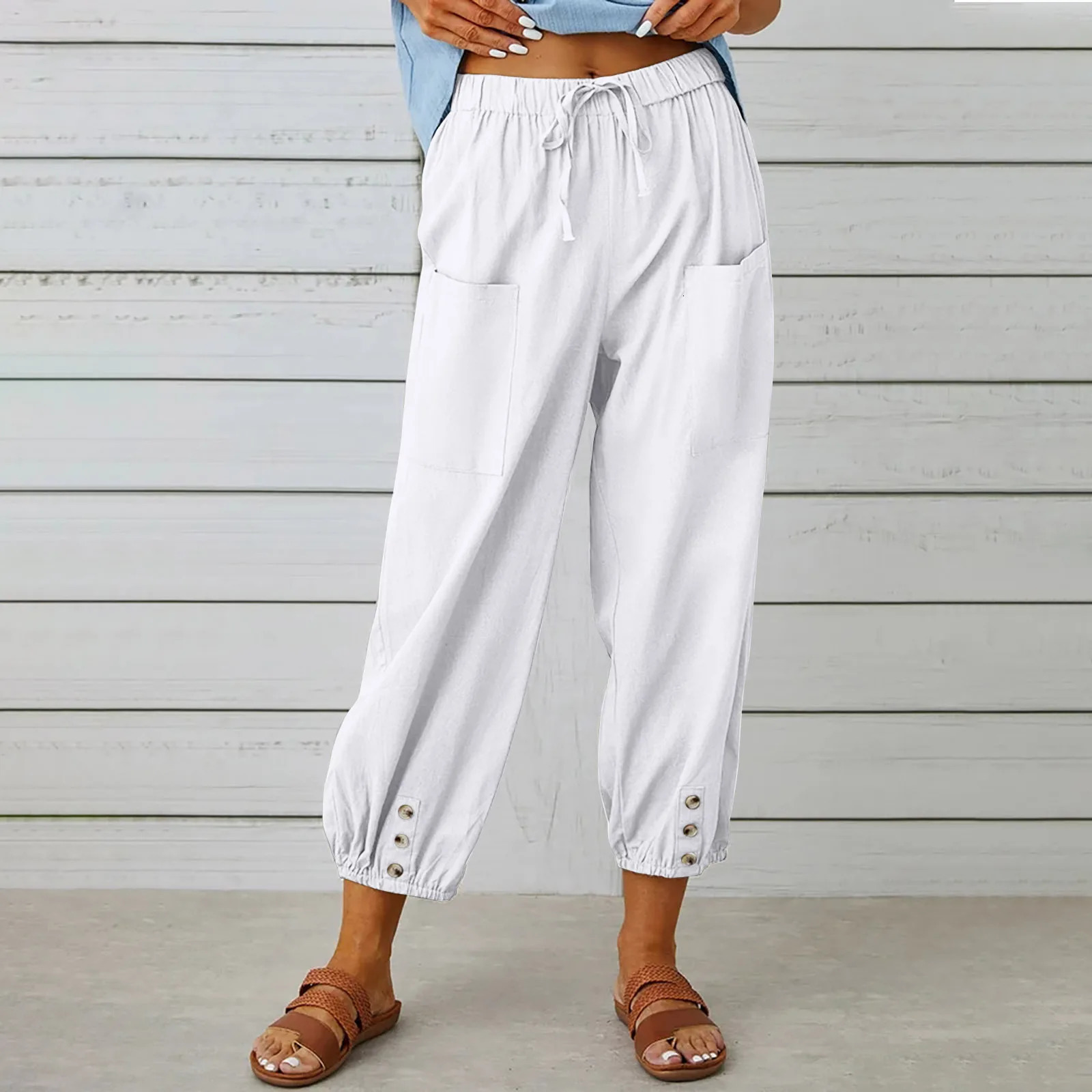 Women Simple Casual Trousers Cotton Linen Solid Color Pockets Drawstring Trousers Summer Thin Ladies Elastic Waist Chino Pants 250403
