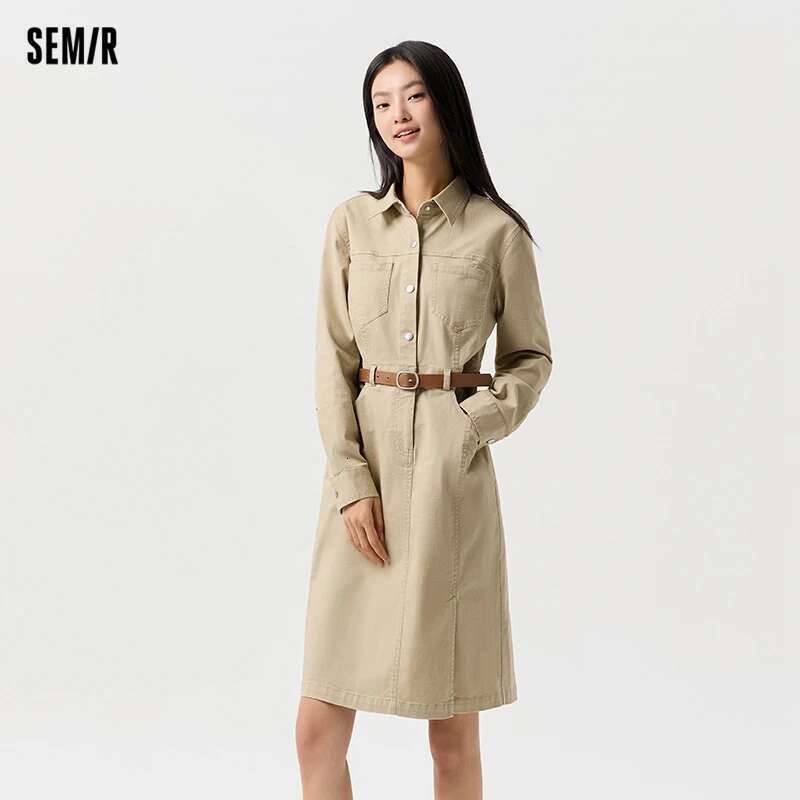 Semir Women Slit Lapel Vintage 2025 Spring New Waist-Cinching Workwear Dress