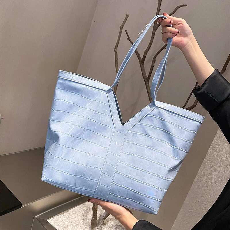 Large-Capacity Genuine Leather Tote Fashion Y Shape Crocodile Pattern Shoulder Casual High-End Shopping Bag Storage