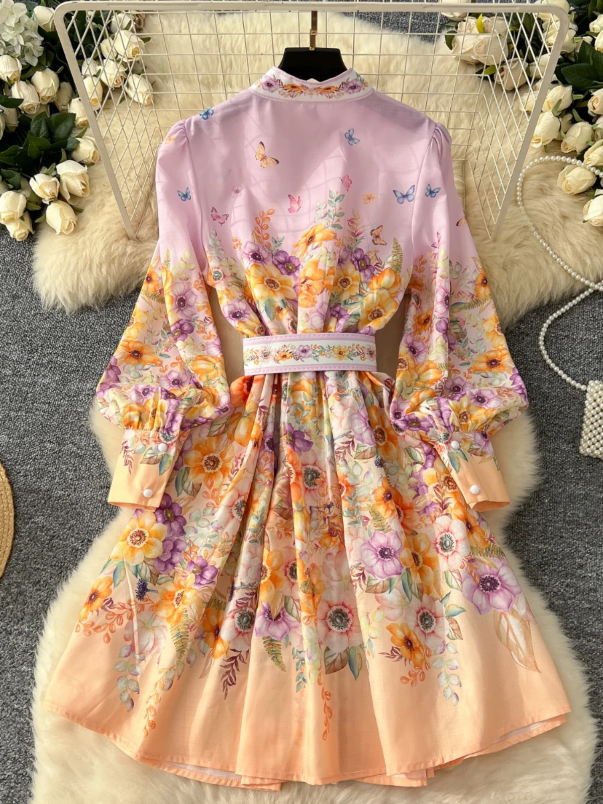 American Vintage Single Breasted Floral Short Dress Women Spring/summer Stand Collar Long Sleeve Elegant Shirt Mini Dresses 250403