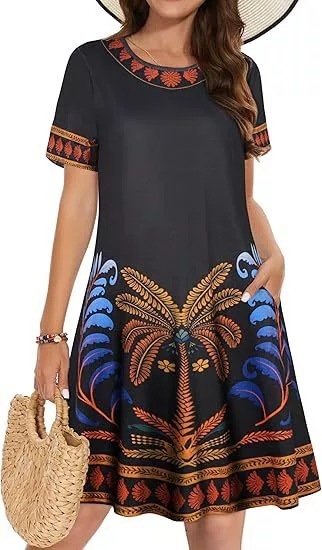 Womens 2025 new casual loose vacation style round neck short sleeved printed dress