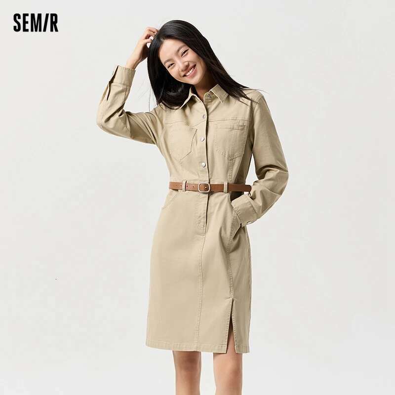 Semir Women Slit Lapel Vintage 2025 Spring New Waist-Cinching Workwear Dress