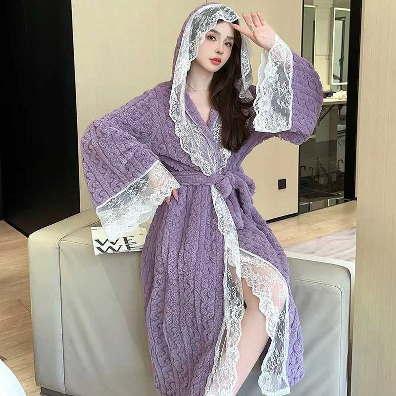 Winter Jacquard Flannel Robe Womens Long Bathrobe Hairy Hooded Thickened Warm Sleepwear Sweet Sexy Lace Home Dressing Gown C251104