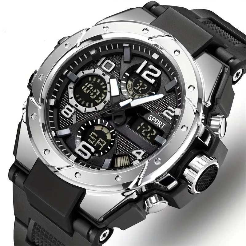 Rugged Dual Display Mens Sports Watch - Automatic Quartz Digital Black Alloy Case TPU Strap Chronograph Alarm MultifuncT251104