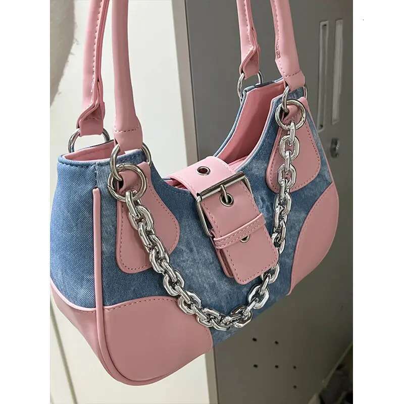 Y2k Pink Shoulder Bag For Women Designer Gothic Crossbody Handbag Chain Motor Style Cool Girl Denim Large Capacity New