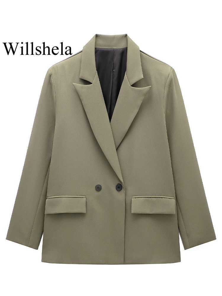 Willshela Women Fashion With Pockets Solid Double Breasted Blazer Vintage Long Sleeves Notched Neck Female Office Lady Outfits J2511031