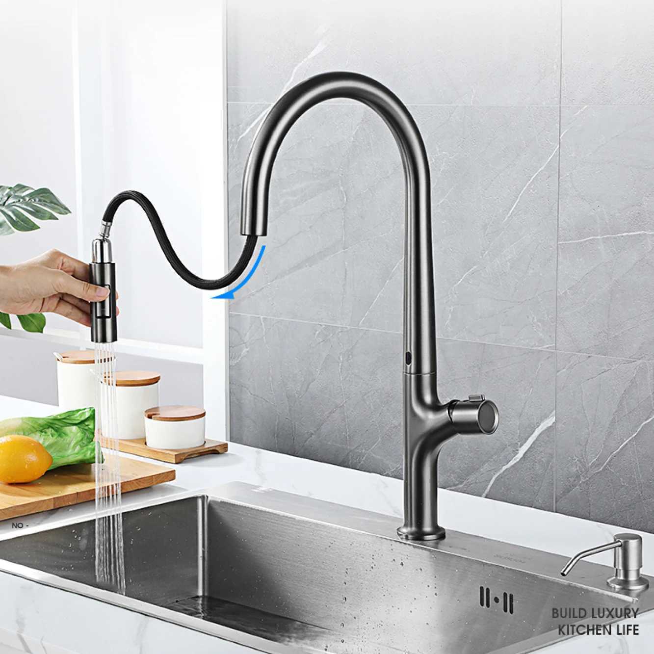 High-end gun gray brass kitchen faucet induction design single handle cold and hot dual control 2 function simple sink faucet Y251104