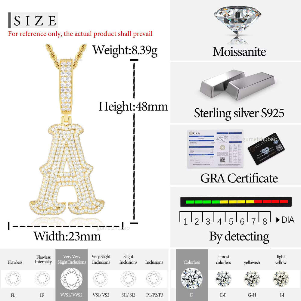 Iced Out Custom Hip Hop A-Z Letter Pendants Sterg Sier Moissanite Initial Pendant Men Jewelry