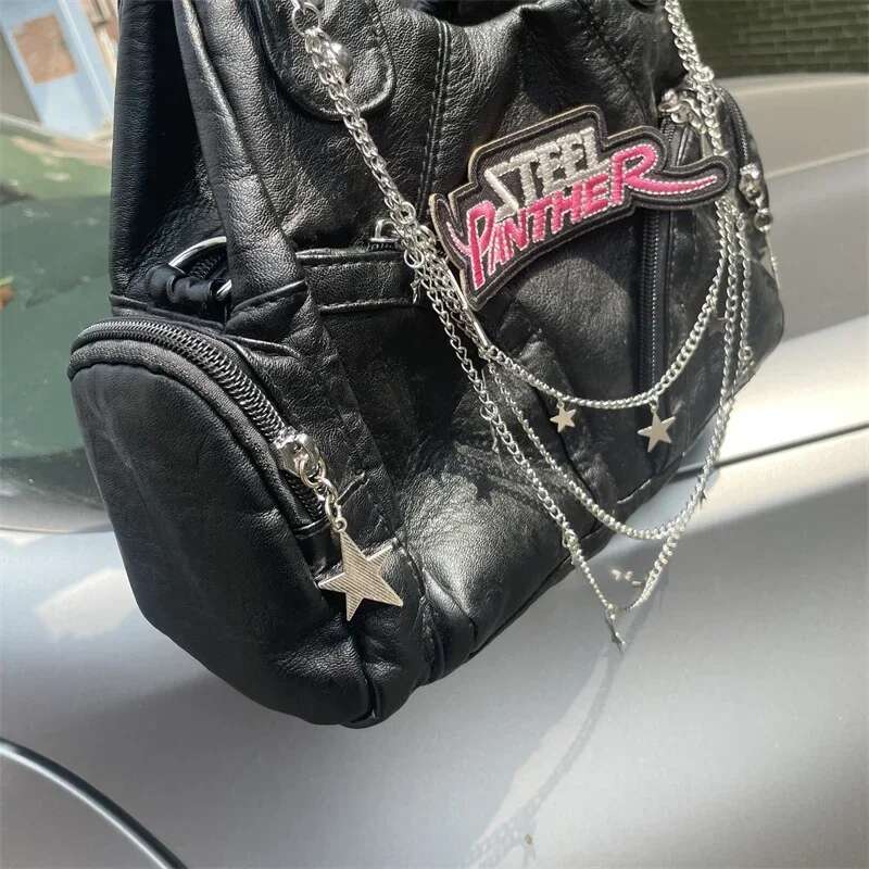 HAEX Y2k Vintage Women Bag 2023 Trend Large Capacity Multi Pockets Chains Tote Bags Female Punk Moto Style Shoulder Bolso Mujer