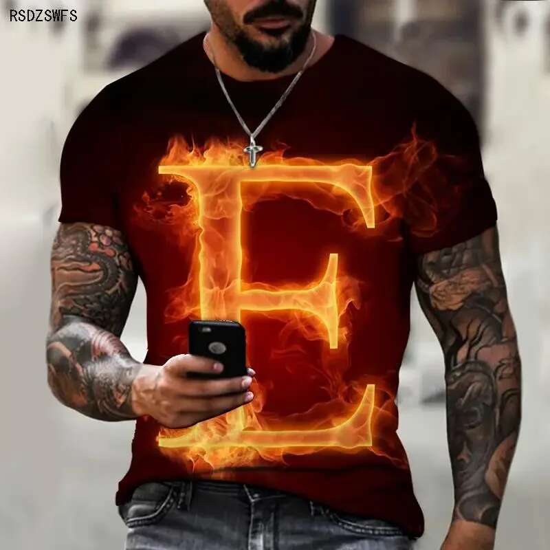 New Men's T-shirt 3D Printed Flame Initial Fashionable and Cool Street Top Plus Size Round Neck Short Sleeve
