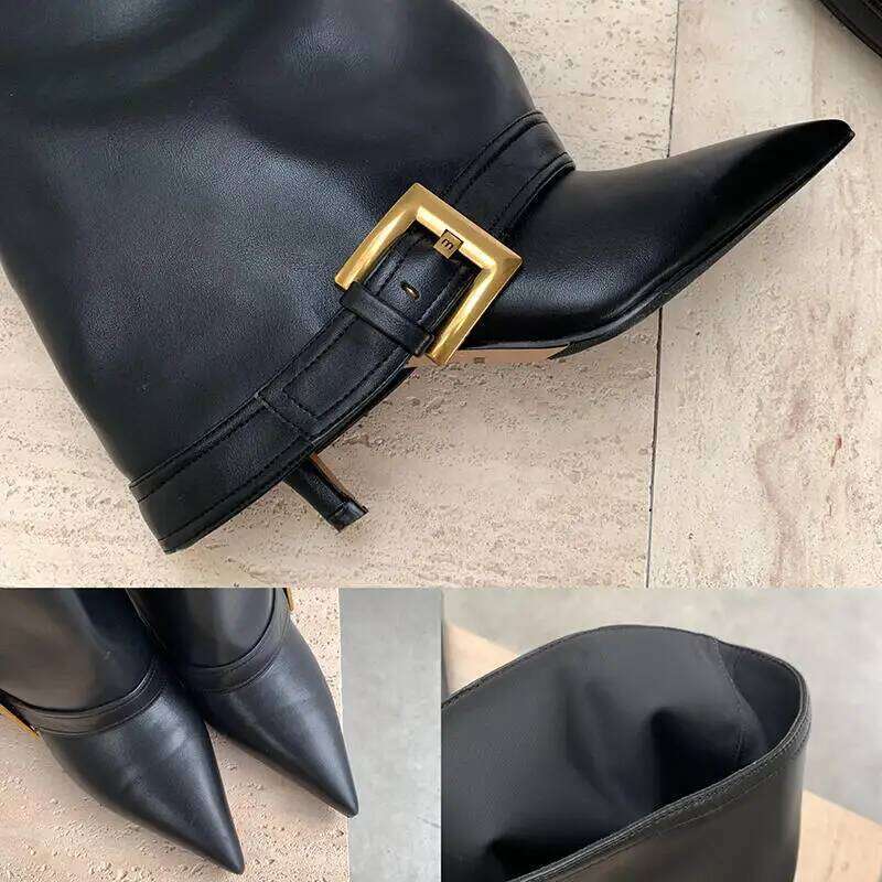 Luxury Black Heel Cowboy Long Women 2025 Winter Y2K Metal Buckle Designer Knee High Boots Woman Leather Pipe Booties