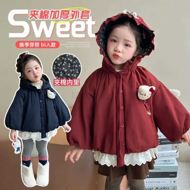 Sanrio Hello Kitty Girl Cotton jacket Kawaii Fashion Winter Student Casual Zipper Keep Warm Thickening Tops Lace Childrens Clothing H251104