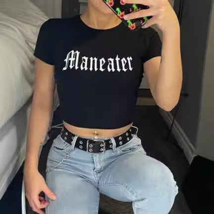 Women's American high street spicy girl sexy top 2024 new letter printed cropped short T-shirt