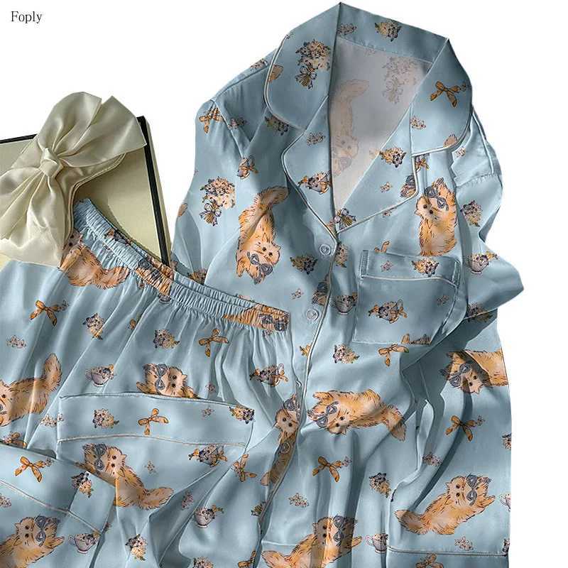 Designer Cartoon Cat Print Women Pajamas Two-piece Spring and Autumn Faux Silk Satin Pyjamas Ladies Pijama Sleepwear Women Loungewear Y251104