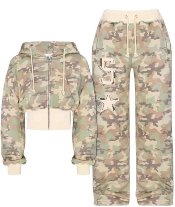 Fashion Trend Y2k Sportswear Two Piece Set Women Hip Hop Punk Camo Short Slim Zipper Hoodie Casual High Waist Sports Pants