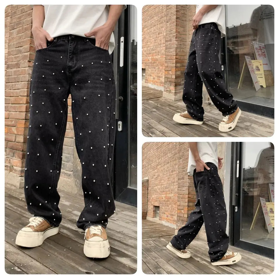 Pearl black wide jeans mens streetwear mid lift pants mens Y2K Trousers 250402