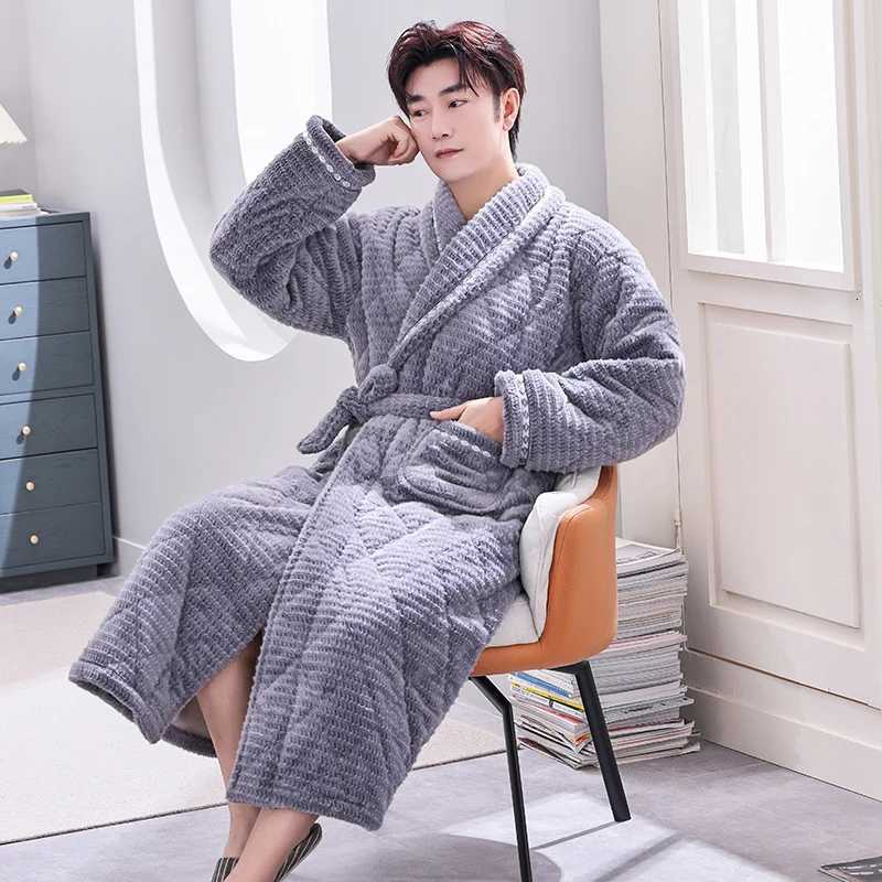 L-5XL Thick 3 Layers Keep Warm Winter Bathrobe Men Soft Coral Fleece Quilted Long Kimono Bath Robe Male Dressing Gown For Mens C251104