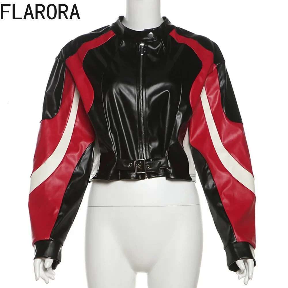 FLARORA Black Pu Leather Patchwork Jackets Woman Long Sleeve Zipper Crop Coats Fashion Y2k Streetwear Motorcycle Jacket 2025 New