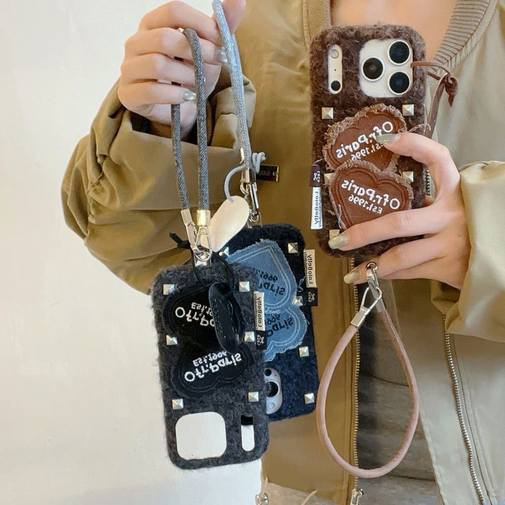 Punk Style Rivet Heart Patch Phone Case Compatible with iPhone 17/16 Pro Velvet Case iPhone 15/14 Cartoon