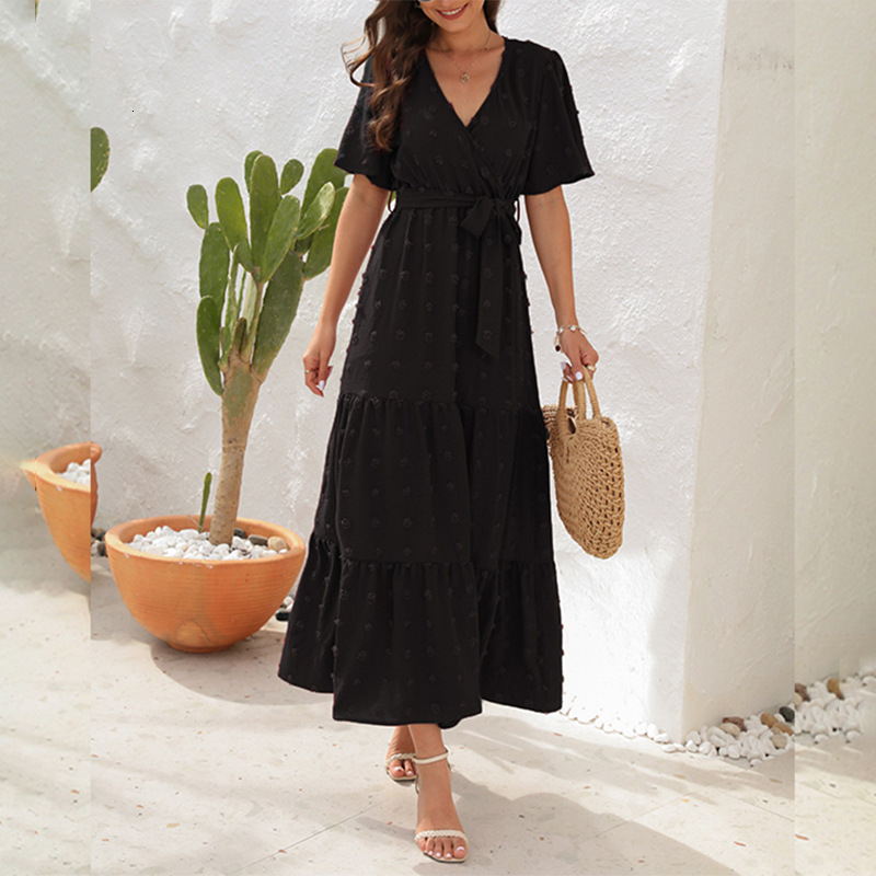 Womens 2025 Summer Bohemian Vacation Style Casual Loose Elegant V-neck Dress