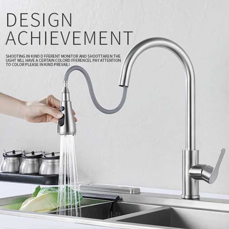 304 Stainless Steel Pl out Kitchen Faucet Deck Mounted Sink Water Tap with Mixer Stream Sprayer Hot Cold Taps for Kitchen Y251104