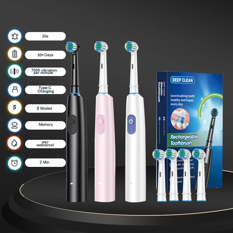 2025 Rotating Electric Toothbrush in 5 Modes USB Charger with 4 Head Adult Charging Brush 250325