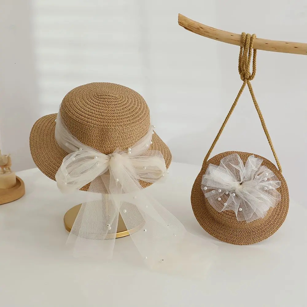 2pcs set Girls Straw Hat Shoulder Bag Kids Summer Holiday Fisherman Hats Baby Princess Lace Pearl Bowknot Beach Straw Sun Cap 250326