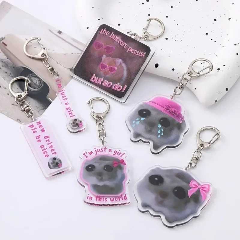 Fun Meme Im Just A Girl Sad Hamster Keychain Cartoon Acrylic Animal Key Chain for Backpack Phone Pendant Keyring Fans GiftsW251103