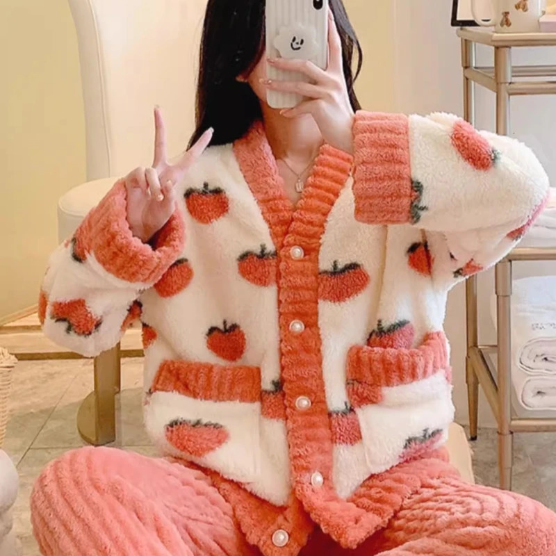 2-piece/set pregnant womens winter thick warm flannel pajamas long sleeved peach terrace soft home care 250402