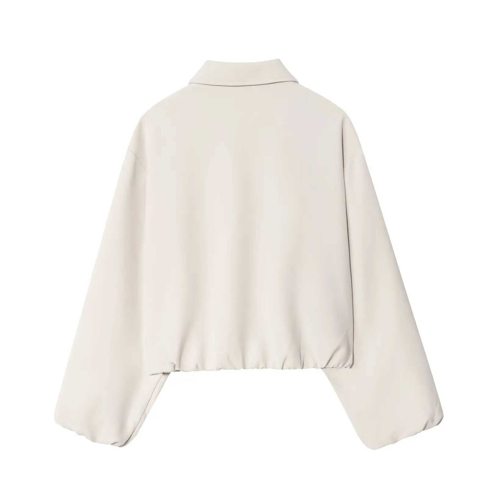 BSAY womens autumn new 2025 solid color simple pocket waist cinched long sleeved lapel zipper puffy jacket J251103