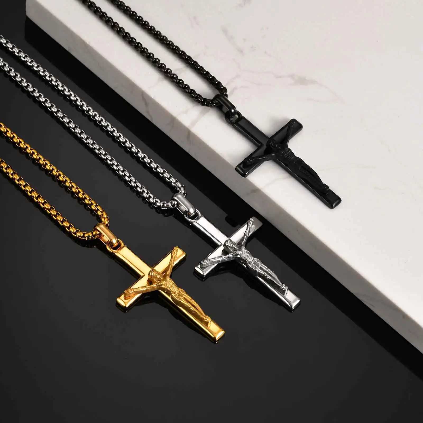 Vnox Classic Cross Pendant Necklace Stainless Steel Holy Jesus Cross Pendant Catholic Gift For MenXJ251104