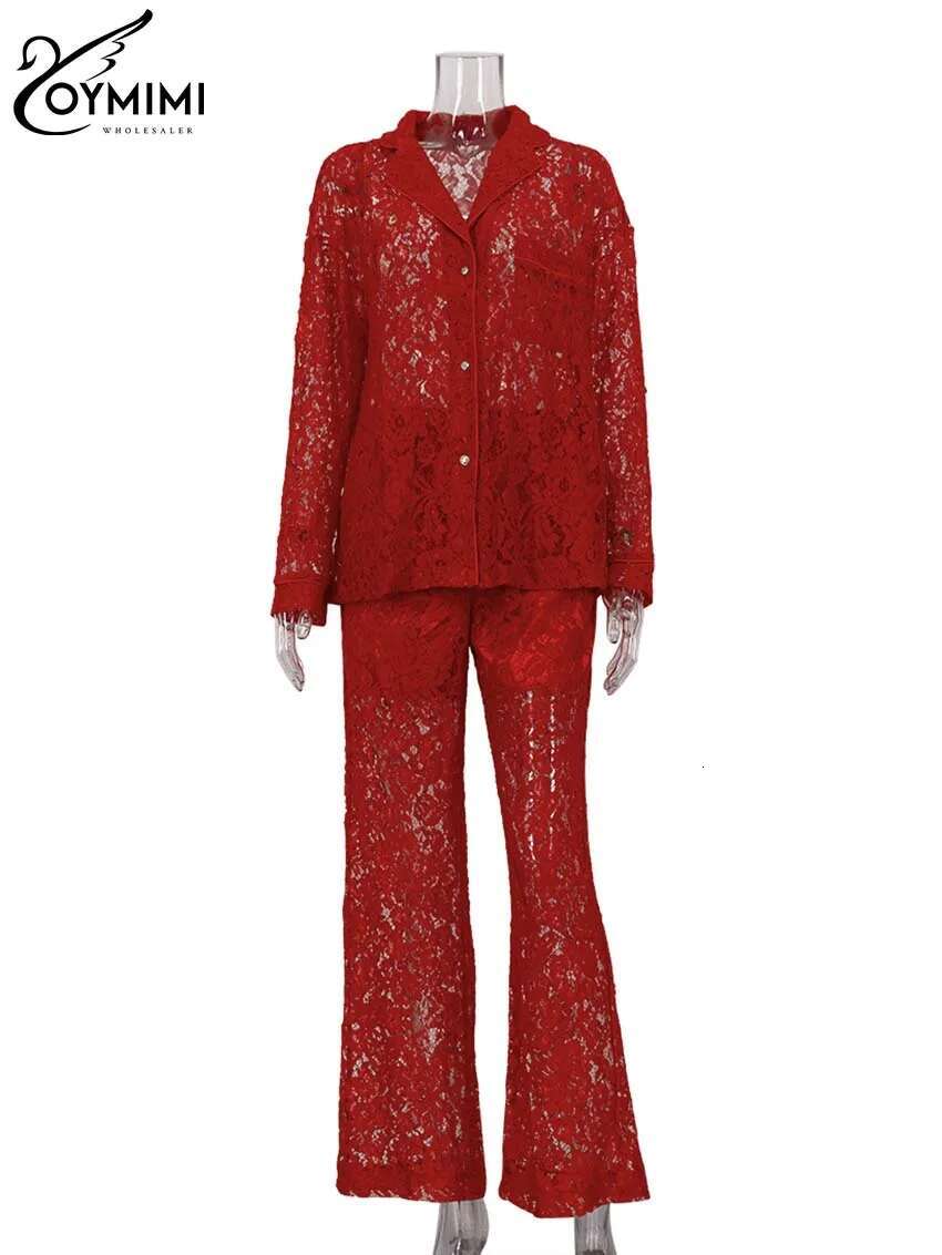 Oymimi Summer Pink Perspective Womens 2 Piece Casual Long Sleeve Button Shirts And High Waist Straight Trousers Female Sets