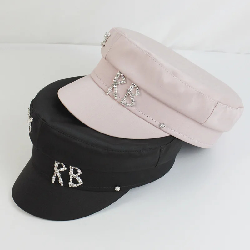 Satin Diamond R B Letter sboy Caps Women Flat Militray Hat Adjustable Women Beret Hats Gorras Mujer 251104