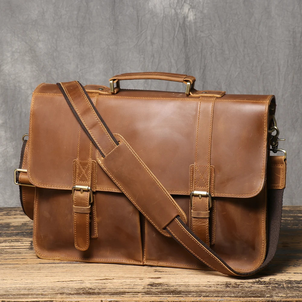 Retro Briefcase Crazy Horse Leather Men Cowhide Shoulder Crossbody Bag Large Capacity Genuine Leather Laptop Bag 250402