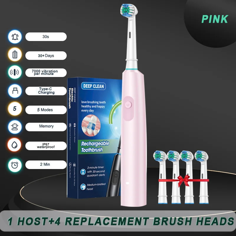 2025 Rotating Electric Toothbrush in 5 Modes USB Charger with 4 Head Adult Charging Brush 250325