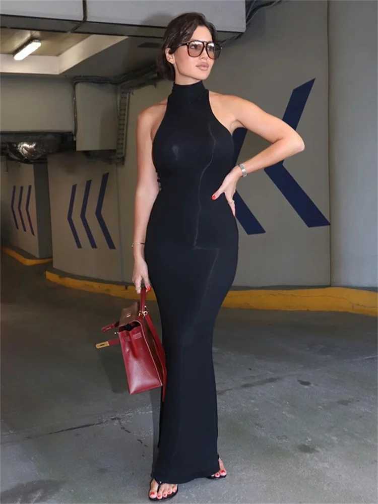 Tossy Black Turtleneck Slim Maxi Dress For Women High Waist Solid Slim Summer Patchwork Elegant Party Dress Womens Long Dress X250403