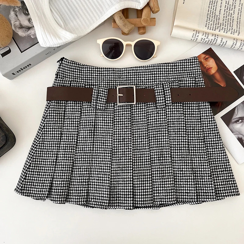 Y2K low rise Houndstooth mini skirt with wool pleated mini skirt for women autumn and winter set 250324