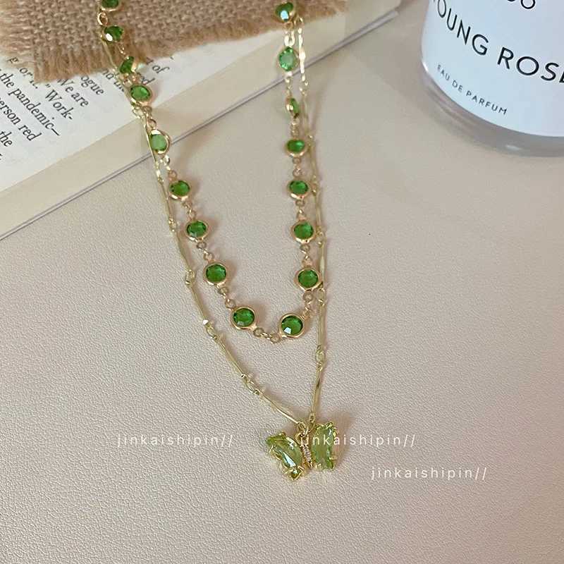 Korean Fashion Double layered Green Butterfly Necklace For Women Elegant Zircon Butterfly Pendant Choker Chain Girls JewelryXJ251104