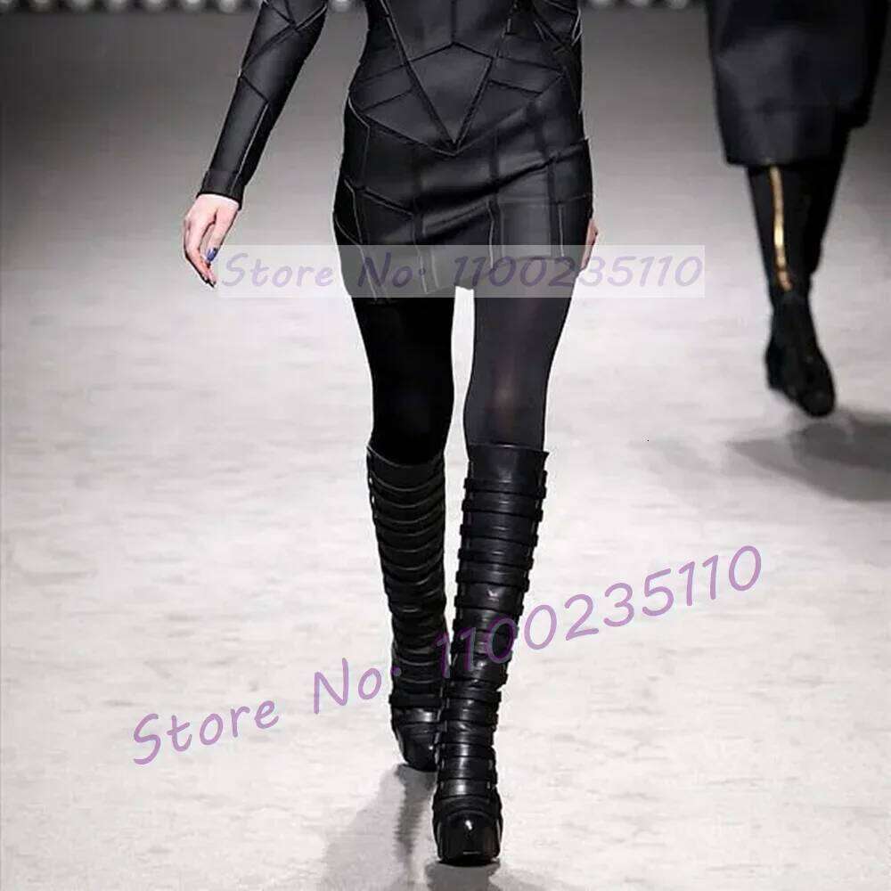 Black Platform Wedge Knee High Women Fashion Multi Straps Round Toe Runway Shoes Ladies Stylish Cool Back Zipper Boots